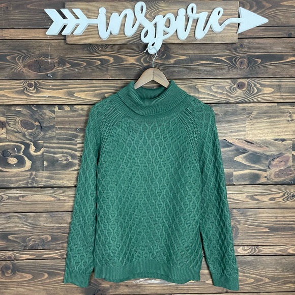 Vintage | Chunky Cable Knit Diamond Turtleneck Sweater Long Sleeve Green - Picture 5 of 6